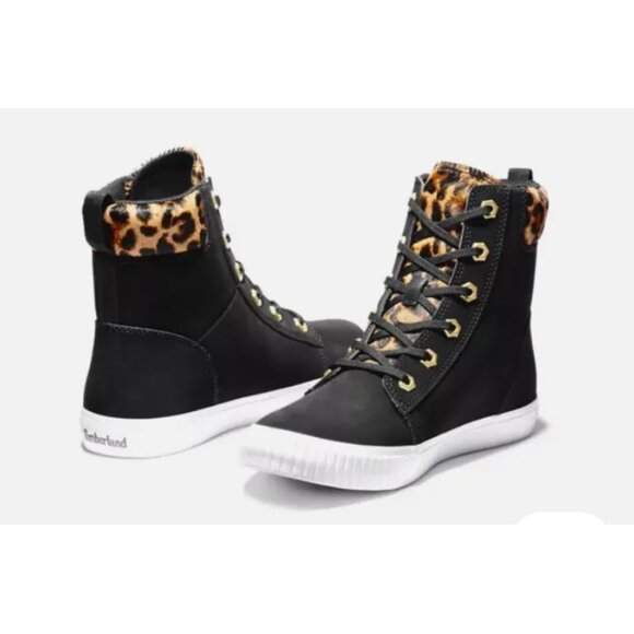 Timberland Skyla Bay Leather Calf Hair Leopard High Top Sneaker Boot Size 7 - Picture 1 of 15